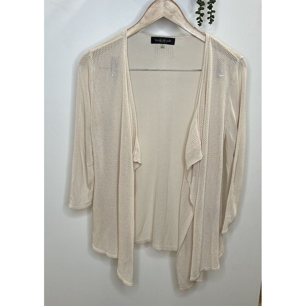 August Silk Cardigan Sweater Womens Small Cream Open‎ Front Lace Up Back Crochet